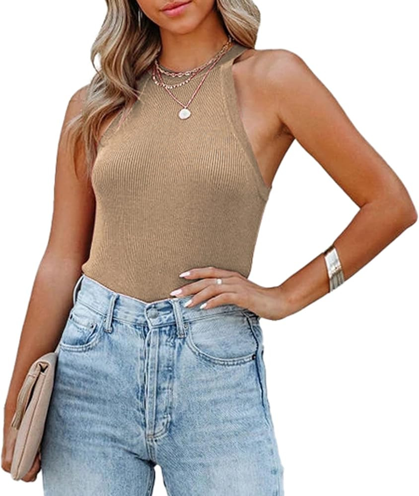 KIRUNDO Women's Casual Sleeveless Halter Tops Solid Crew Neck Cami Tank Tops Ribbed Knit Slim Fit Su | Amazon (US)