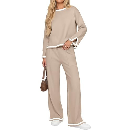 Sweetyweee Women's 2 Piece Sweater Set Long sleeve Knit Top Wide Leg Pants Lounge Sweatsuit Fall Winter Outfits with Pocket(Khaki,Small) | Amazon (US)