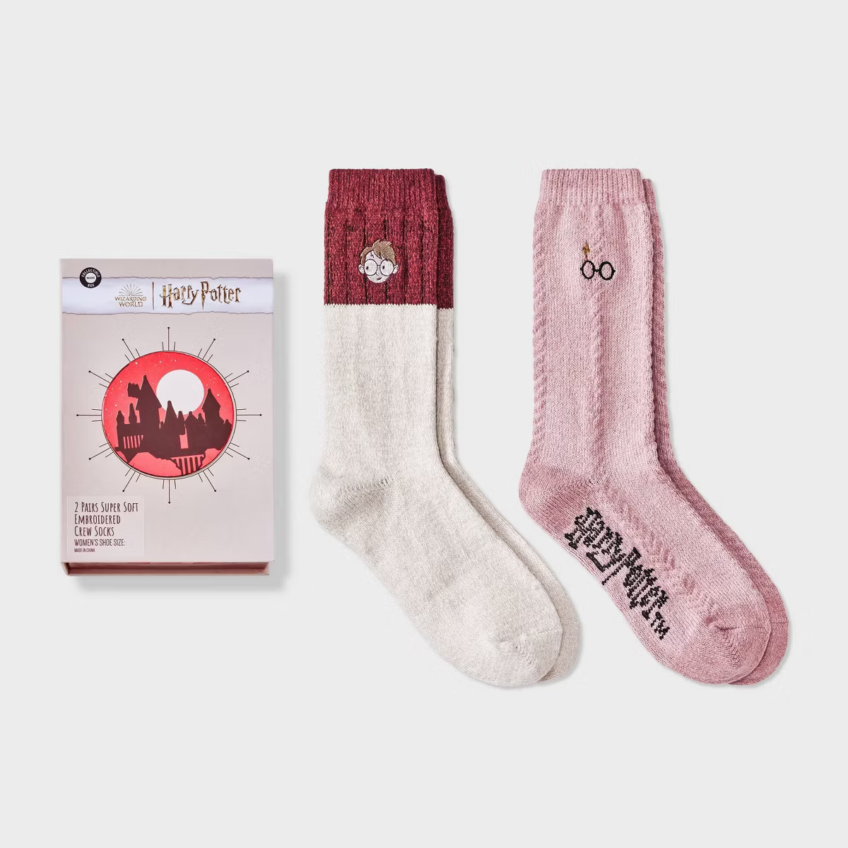 Women's 2pk Harry Potter Pop-Up Storybook Supersoft Embroidered Crew Socks -  Ivory/Burgundy Heat... | Target