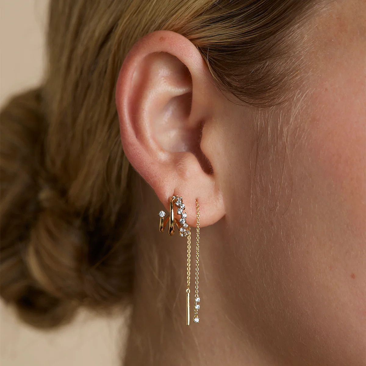 Crystal Thread Through Earrings in Gold | Astrid & Miyu UK