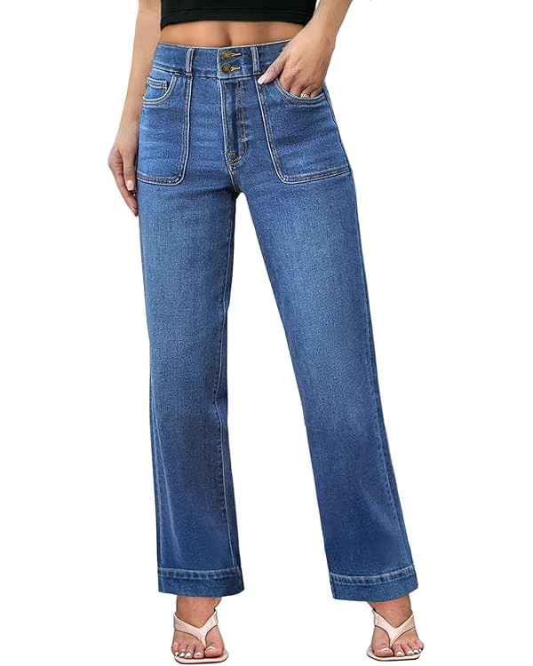 Sidefeel Women's Wide Leg Jeans High Waisted Stretchy Tummy Control Straight Leg Denim Pants | Amazon (US)