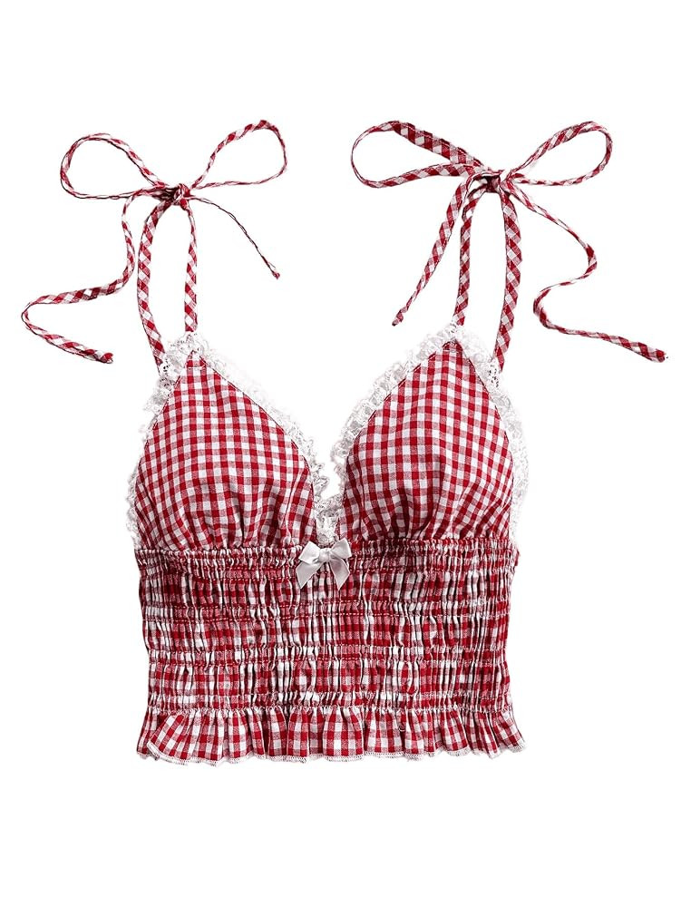 WDIRARA Women's Gingham Cami Crop Tops Plaid Contrast Lace V Neck Camisole Tops | Amazon (US)