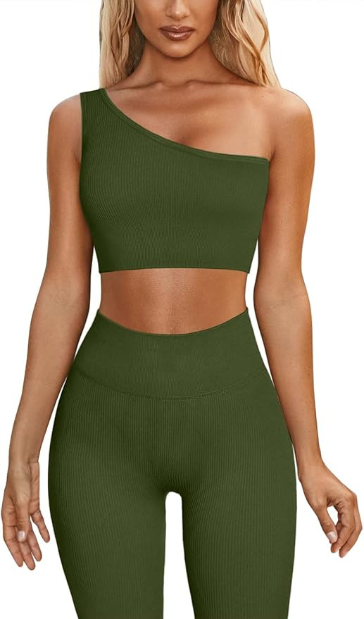 QINSEN 2 Pieces Workout Sets for Women One Shoulder Ribbed Sport Bra Seamless High Waist Leggings... | Amazon (US)
