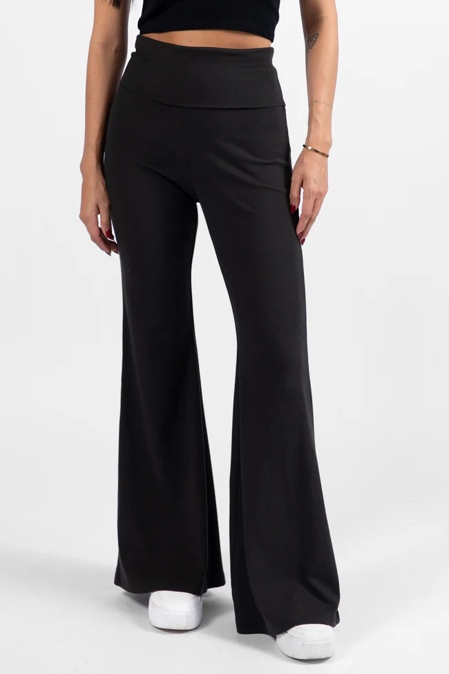 Get A Move On Black Brushed Knit Foldover Flare Lounge Leggings DOORBUSTER | Pink Lily