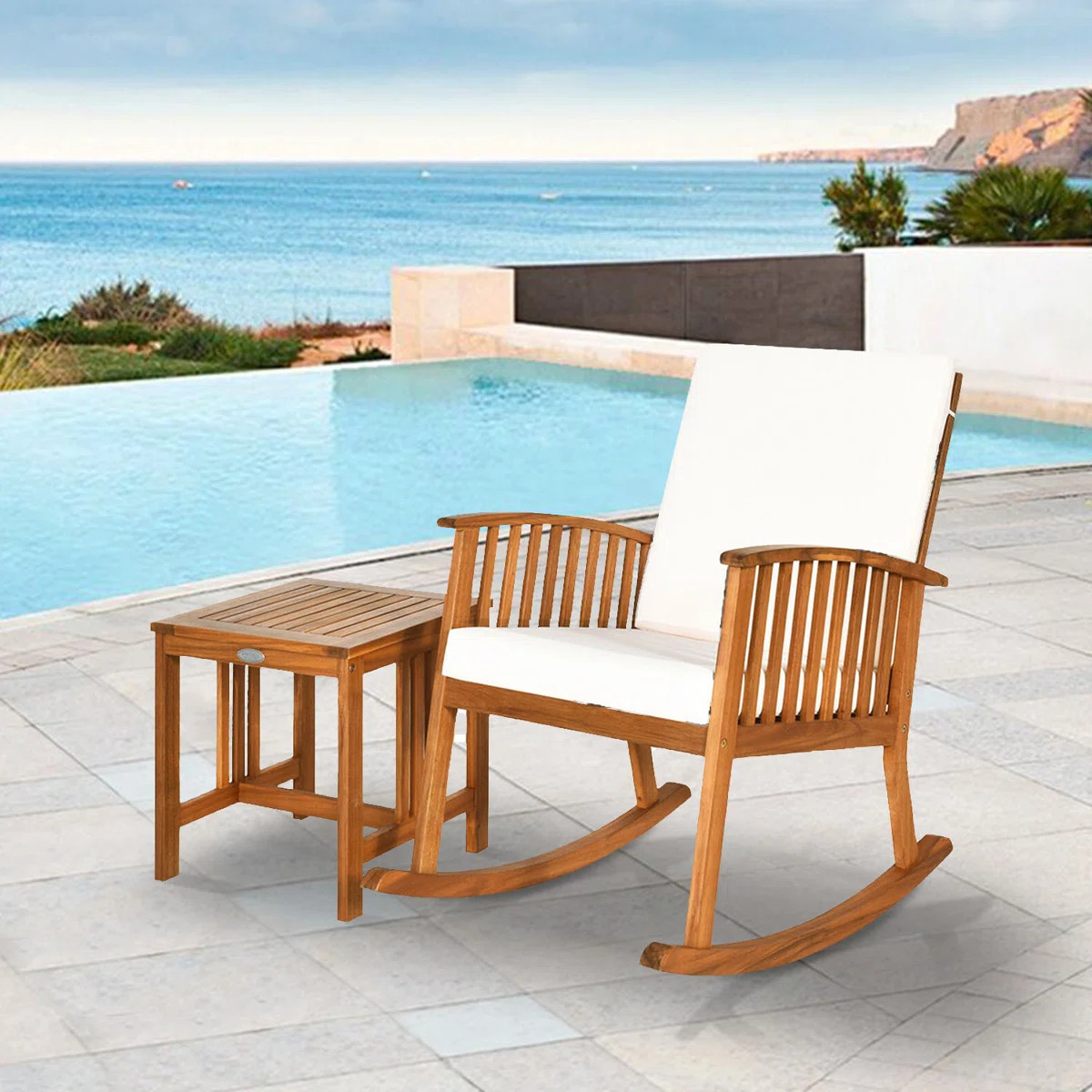 Outdoor Rocking Solid Wood Chair and Table Set with Cushions | Wayfair North America