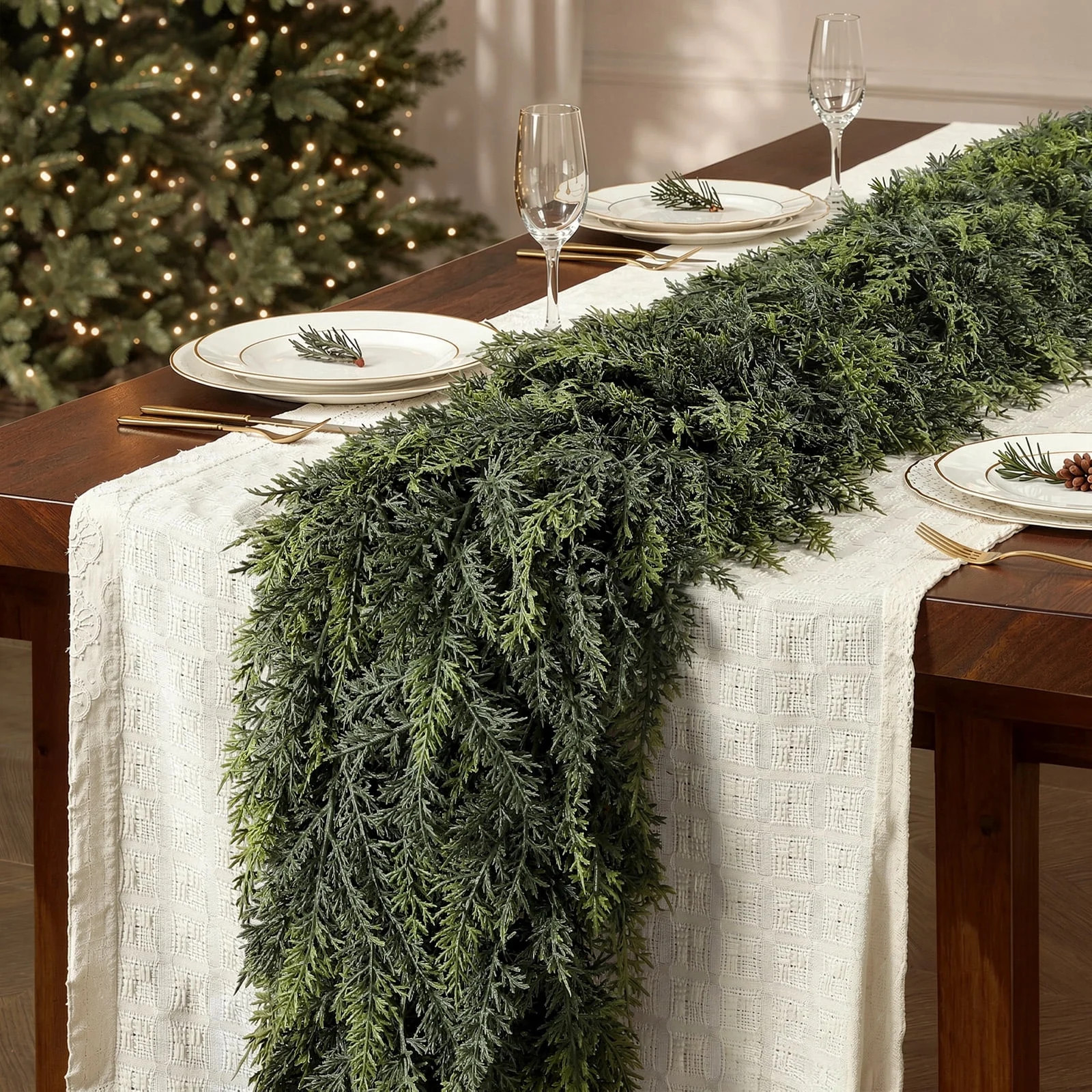 Lolsea 2Pcs 6FT Artificial Christmas Cedar Garland, Realistic Faux Cypress Greenery Garland for Mantel, Stair Railing, Christmas Tree, Perfect Choice for Xmas Decoration | Walmart (US)