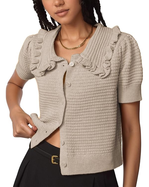 Watashi Womens Short Sleeve Cardigan Casual Button Down Ruffle Collared Lightweight Knittwear Sum... | Amazon (US)