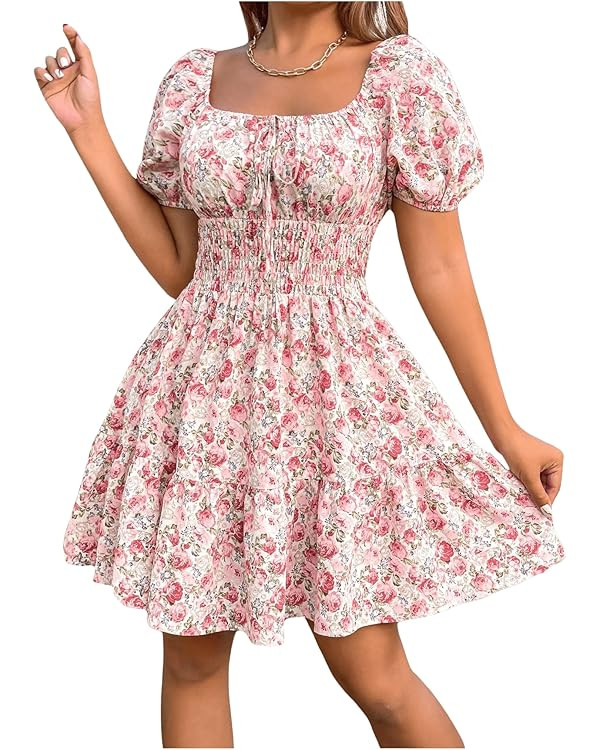 Floerns Women's Boho Square Neck Puff Short Sleeve Self Tie Front A Line Dress | Amazon (US)