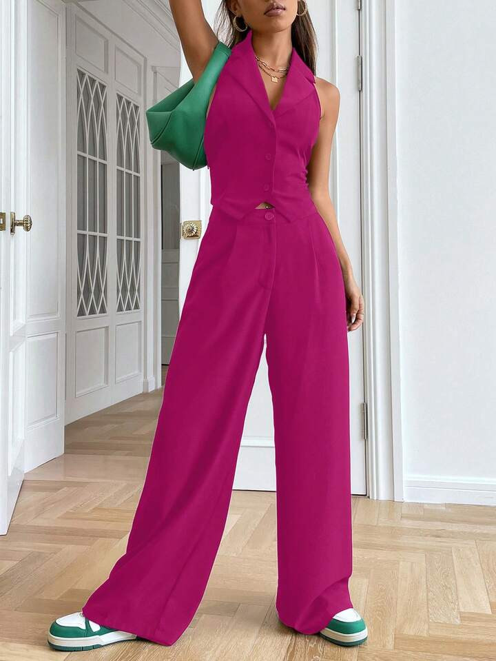SHEIN Solid Backless Halter Neck Blazer & Wide Leg Pants | SHEIN