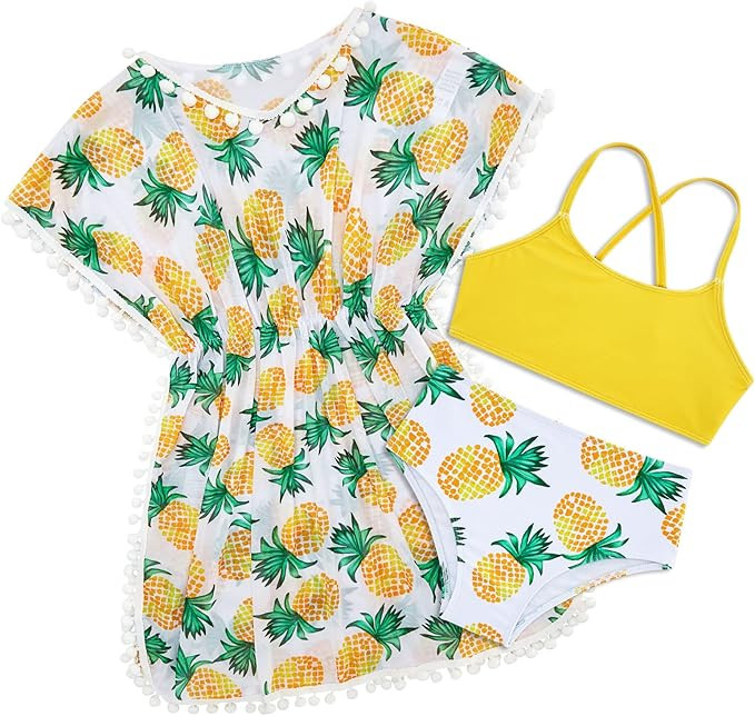 Goodstoworld 7-12 Years Girl's 3 Piece Cover Up Swimsuit Beach Print Bikini Bathing Suit with Pom... | Amazon (US)