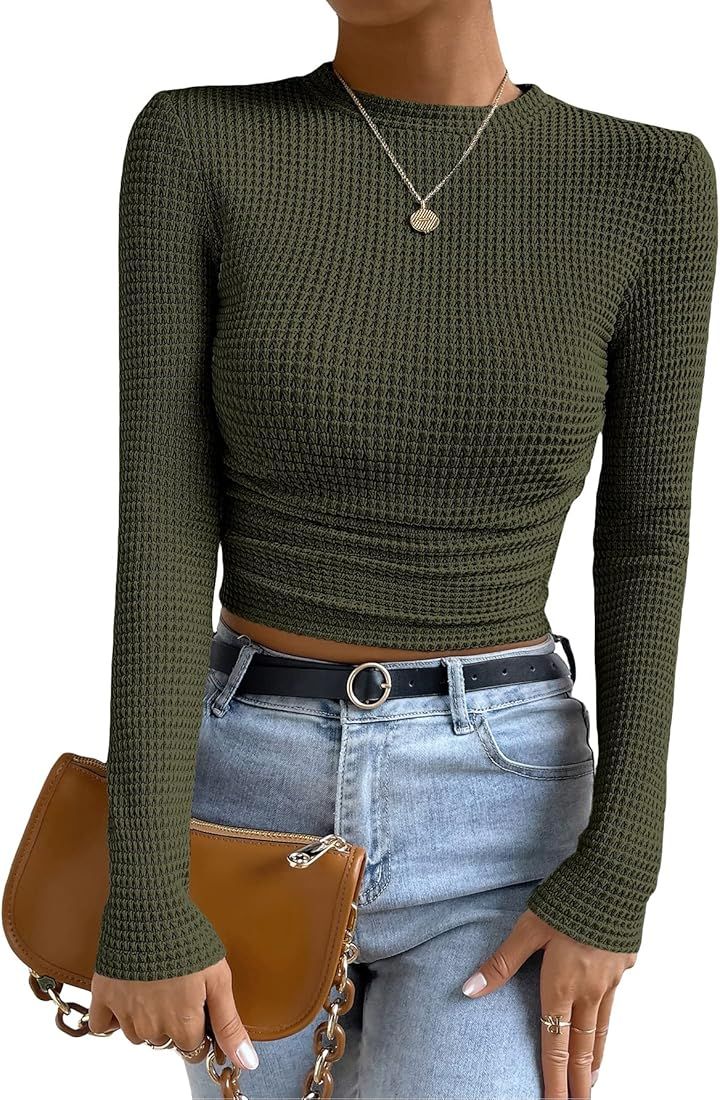 Cozyease Womens Waffle Knit Tops Slim Fit T Shirts Mock Neck Long Sleeve Henley Shirts | Amazon (US)
