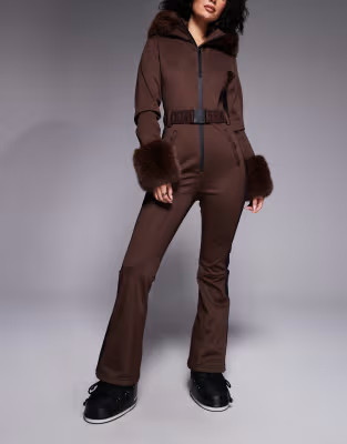 ASOS 4505 Hourglass Ski soft shell belted ski suit with side stripe and faux fur trim in coffee | ASOS (Global)