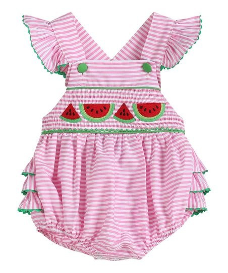 Lil Cactus Pink & Green Stripe Watermelon Smocked Ruffle-Accent Bubble Romper - Infant & Toddler | Zulily