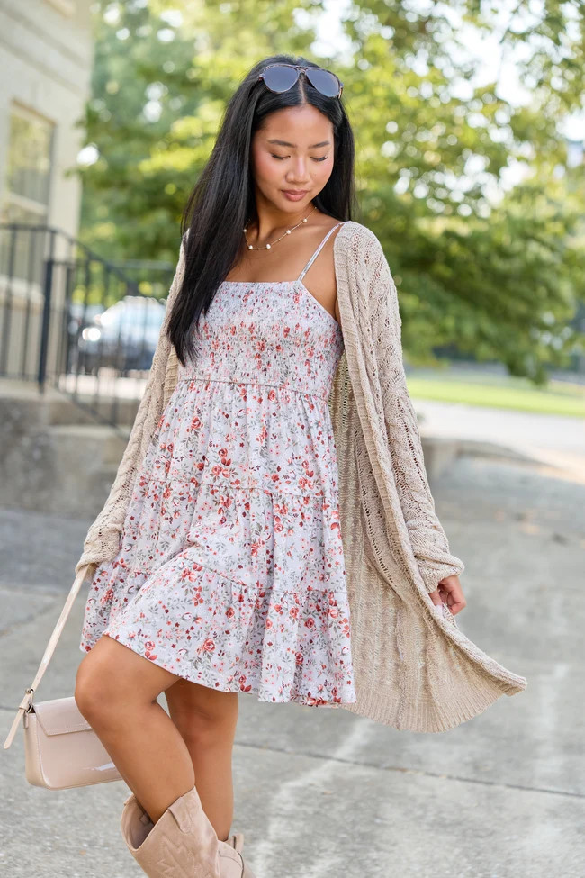 Soft Spot Taupe Floral Smocked Dress | Pink Lily