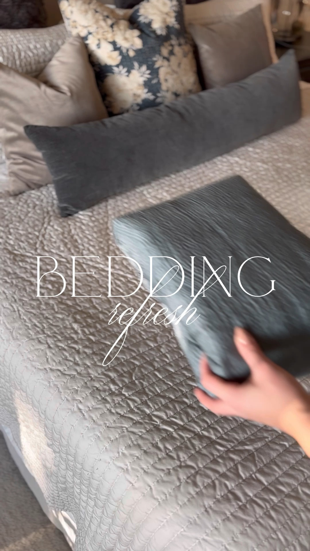 Bedding refresh! This new textured duvet cover is my favorite fabric, it’s soft as a cloud but the texture makes it very forgiving — no wrinkles! And these quilted velvet Euro shams are the most beautiful fabric! Color details below!

Duvet: Stormy Blue
Quilt: Frost Gray
Euro Shams: Gray
Lumbar pillow: Select “Slate” and 12”x46”
Velvet pillows: Taupe (I ordered from this Etsy vendor but they changed the photo)