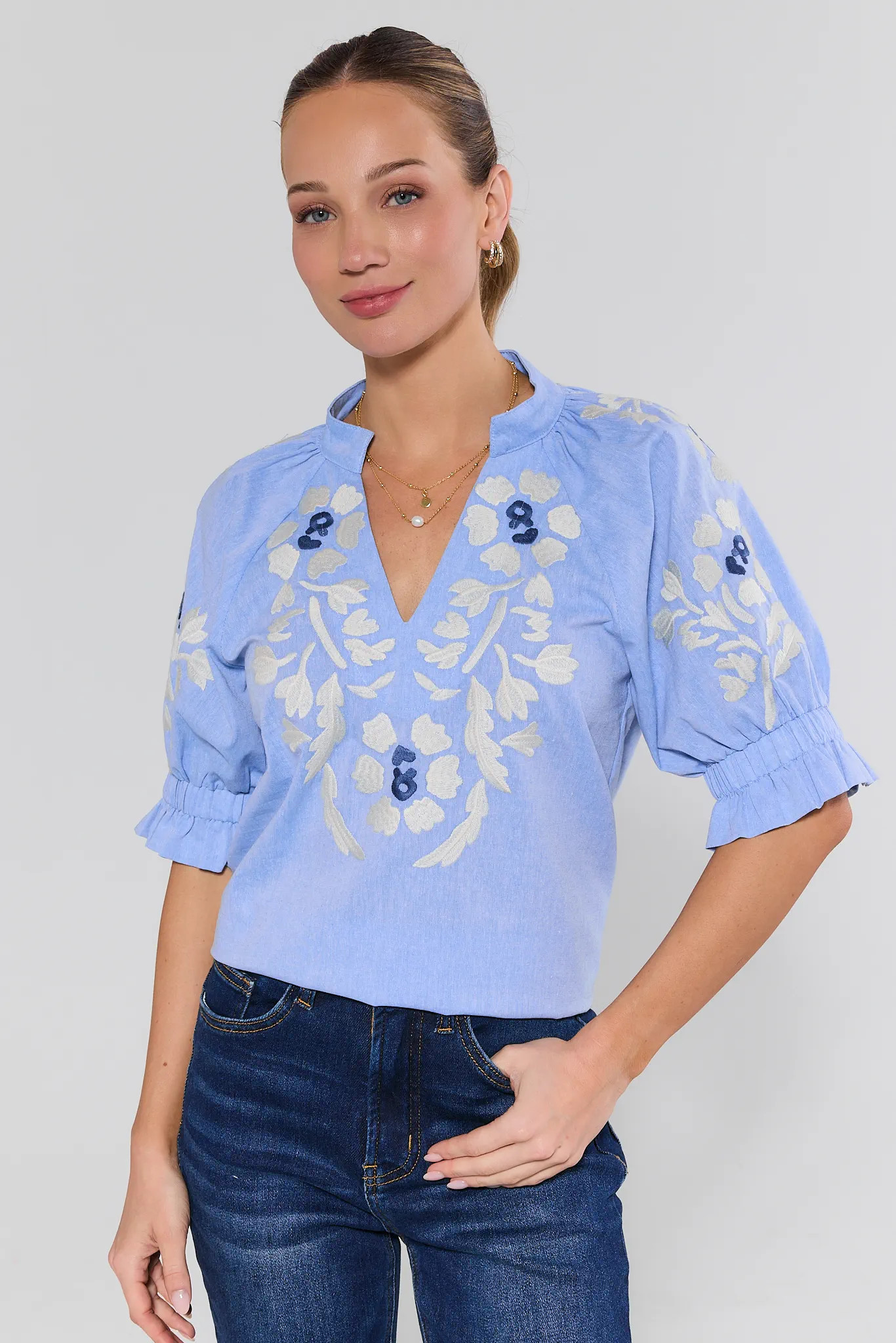 Blue Floral Embroidered Top by THML | Avara