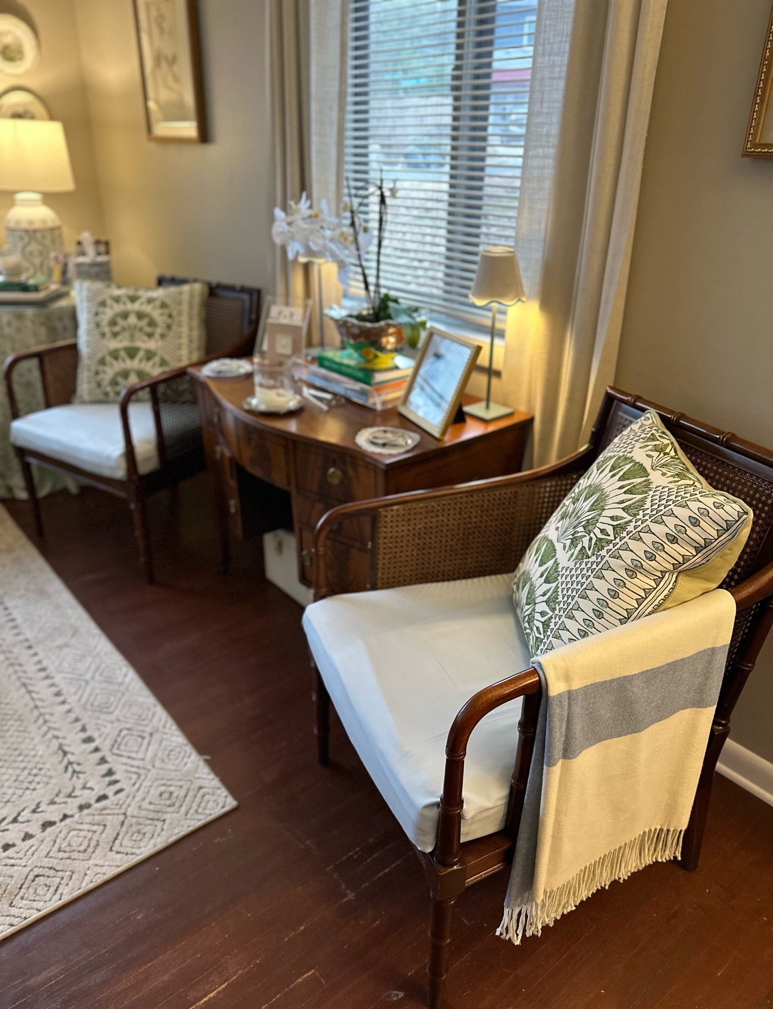 New cane and faux bamboo chairs slowly helping to transform our living room! I’ve linked the items I can, but see my last post for links to similar chairs since this pair is vintage and was found locally. 

Interior design, living room, decor, affordable interiors, southern traditional style, faux orchid, coasters, golf tee, throw blanket, blue and green, enchanted home, statement lamp, plate hangers, designer pillows, patterned pillows, thibaut, Anna French Cairo 

#LTKfindsunder50 #LTKhome #LTKfindsunder100