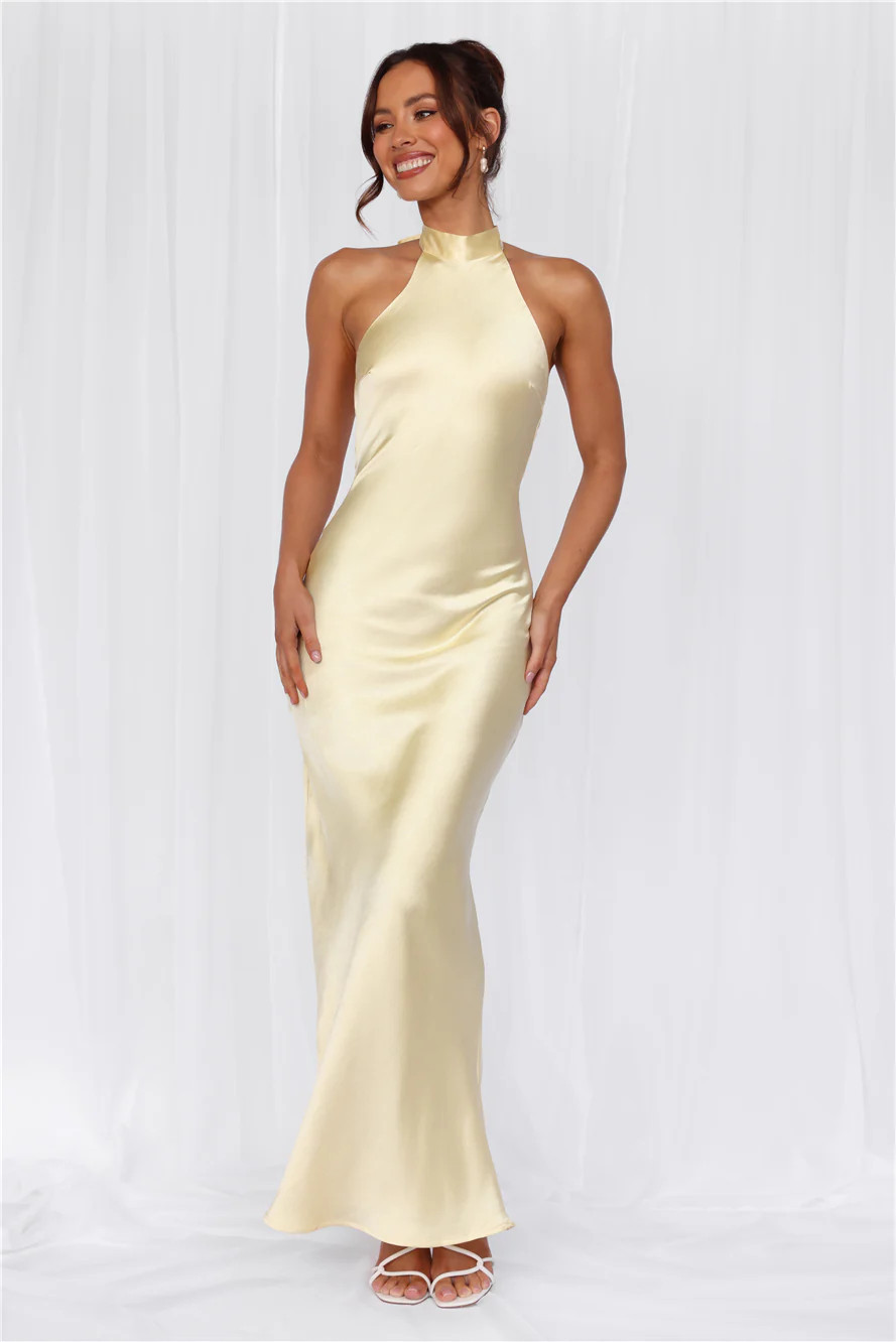 The Cleo Halter Satin Maxi Dress Yellow | Hello Molly (AU)