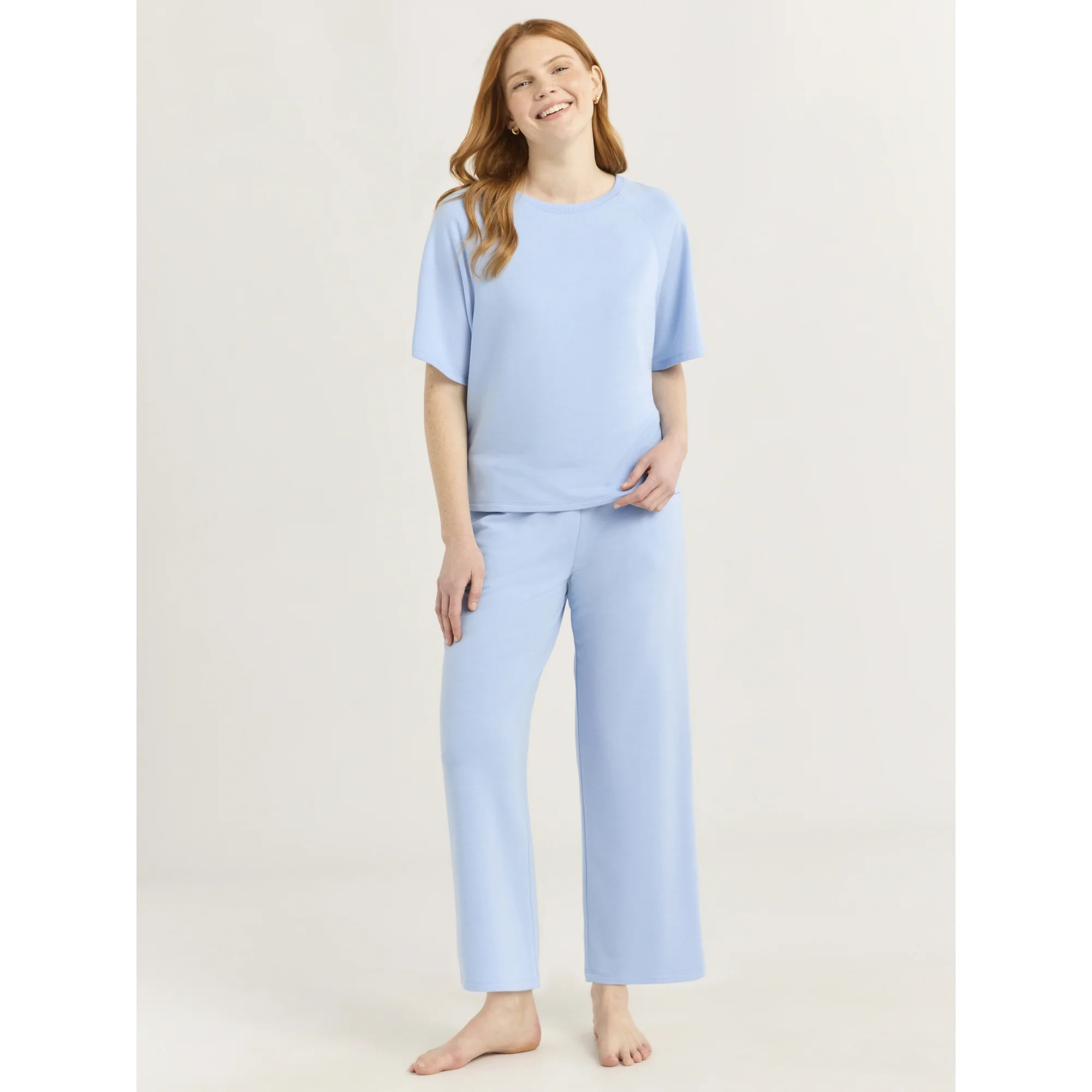 Joyspun Women's French Terry Short Sleeve Top and Capri Pants Set, 2-Piece, Sizes XS-3X | Walmart (US)