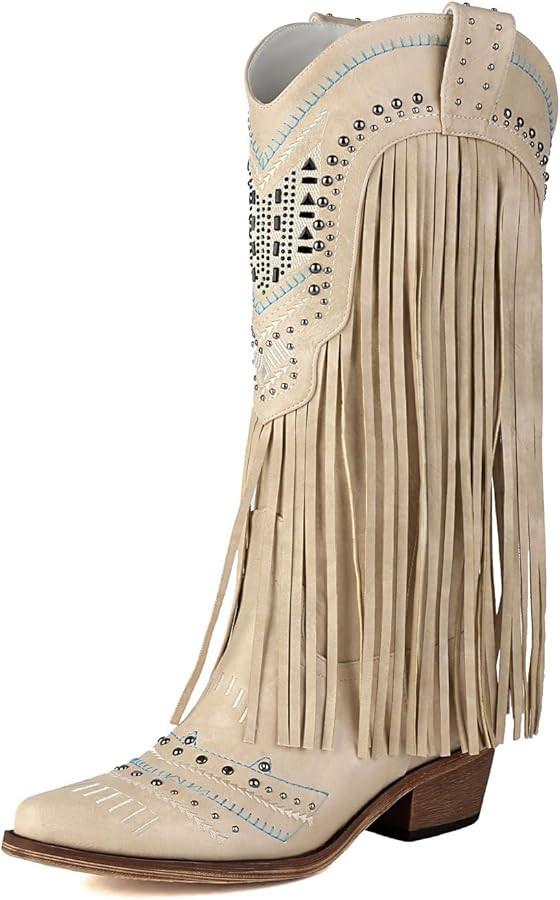 Fringe Cowboy Boots for Women Wide Calf Embroidered Tassal Cowgirl Boot Knee High Snip Toe Pull O... | Amazon (US)