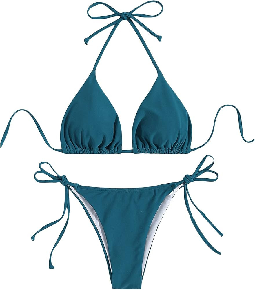 GORGLITTER Women's 2 Pcs Sexy Halter Thong Bikini Tied Triangle Swimsuit Swimwear | Amazon (US)