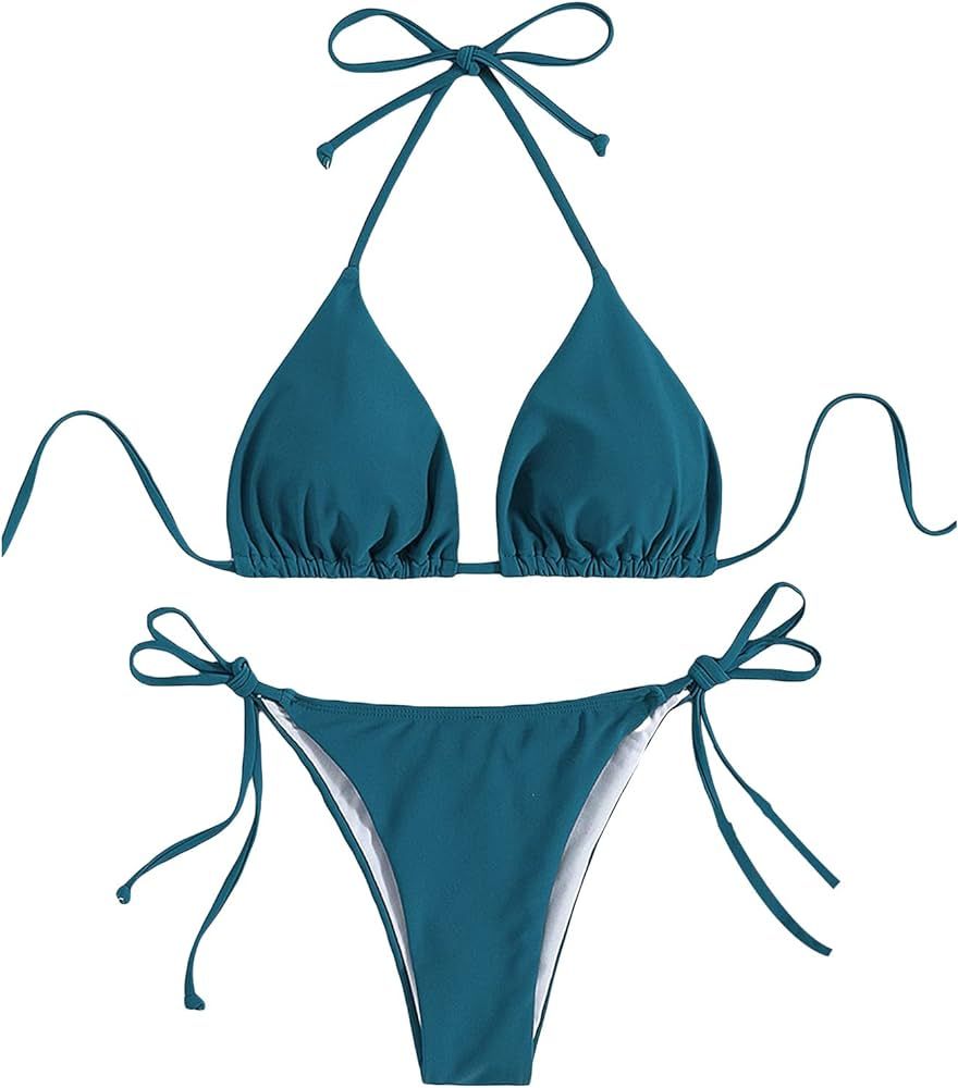 GORGLITTER Women's 2 Pcs Sexy Halter Thong Bikini Tied Triangle Swimsuit Swimwear | Amazon (US)