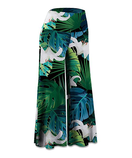 UDEAR Women's Casual Pants Print - Blue & Green Leaves Floral Palazzo Pants - Women | Zulily