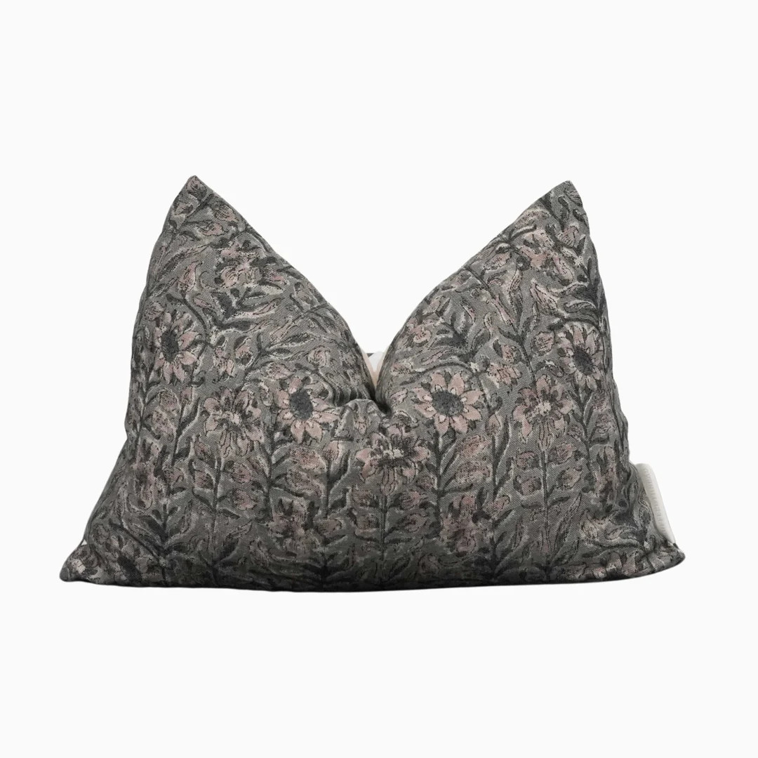 Lumbar Blue Grey Linen Pillow Cover, Block Linen Pillow Covers, Blue Grey Throw Pillow, Hand Bloc... | Etsy (US)