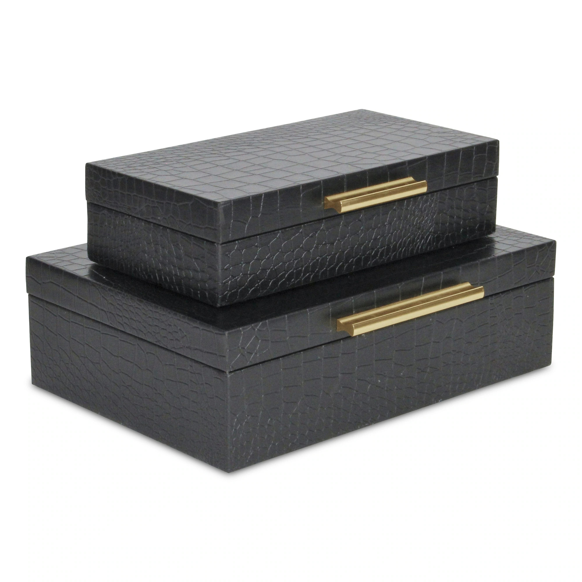 Set of 2 Black Rectangular Faux Croco Decorative Box with H&les 11.75 | Bed Bath & Beyond