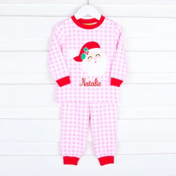 Happy Santa Pink Gingham Knit Pajamas | Classic Whimsy