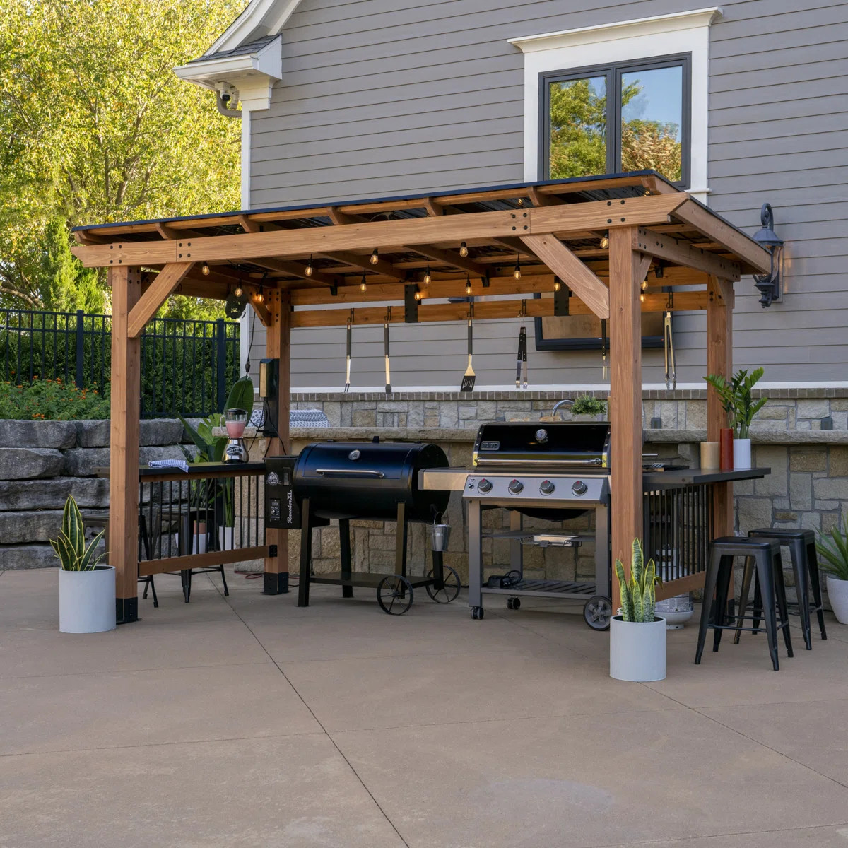 Backyard Discovery Saxony XL 12' x 6' Cedar Wood Outdoor BBQ Grill Gazebo with Hardtop Galvanized... | Wayfair North America