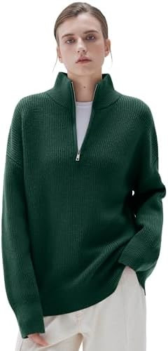 SUUKSESS Women Cashmere Oversized Quarter Zip Pullover Sweater Long Sleeve Collared Ribbed Knit J... | Amazon (US)
