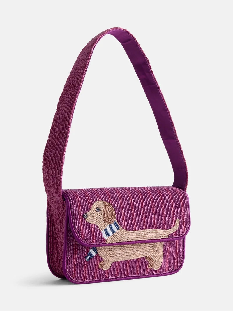 Free Assembly Women's Beaded Dachshund Flap Shoulder Bag, Maroon | Walmart (US)