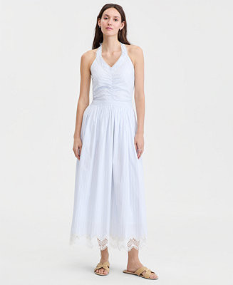 Women's Cotton Maritime Stripe Halter Lace-Trim Midi Dress | Macy's