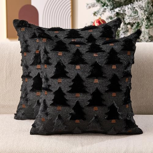 Allorry Christmas Pillow Covers 18x18 inch Set of 2 Black Christmas Decorations Soft Plush Faux Fur Wool Xmas Tree Throw Pillow Cases Winter Holiday Decor for Sofa Living Room PT002J18 | Amazon (US)