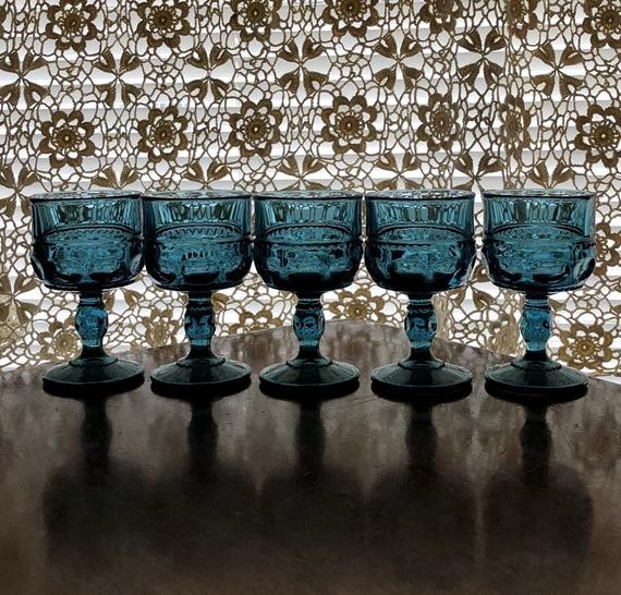 Vintage Set Of Five Indiana Glass Kings Crown/Thumbprint Smoke Blue Cordial Goblet | Etsy (US)
