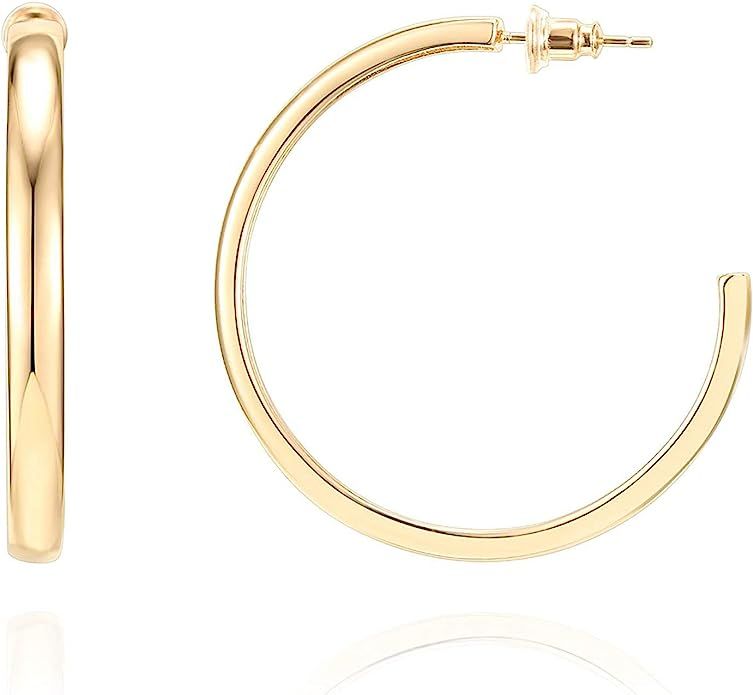 PAVOI 14K Gold Plated Silver Post Wide Flat Edge 40mm Hoop Earrings | Amazon (US)