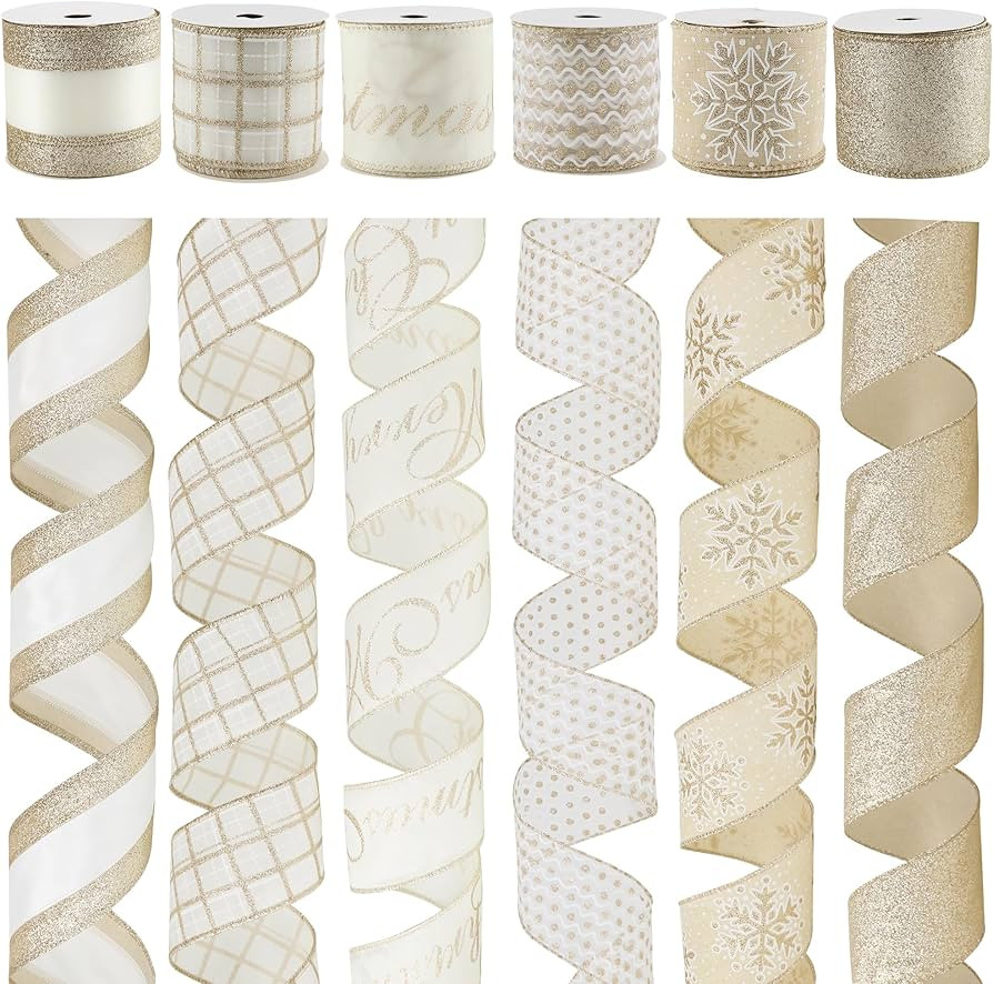 DINDOSAL Champagne Christmas Ribbon Wired 2.5 Inch, 6 Rolls 36 Yards Platium Champagne Gold Chris... | Amazon (US)