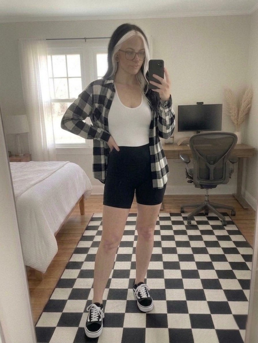 Effortless meets edgy with this monochrome aesthetic. I’m obsessed with the mix of textures—ribbed basics paired with an oversized flannel and sleek biker shorts. It’s the perfect “I just threw this on” outfit that actually looks put together. These Vans Brooklyn LS are a total wardrobe staple and so comfy for all-day wear. 🖤✨

#LTKootd #LTKSeasonal #LTKMidsize