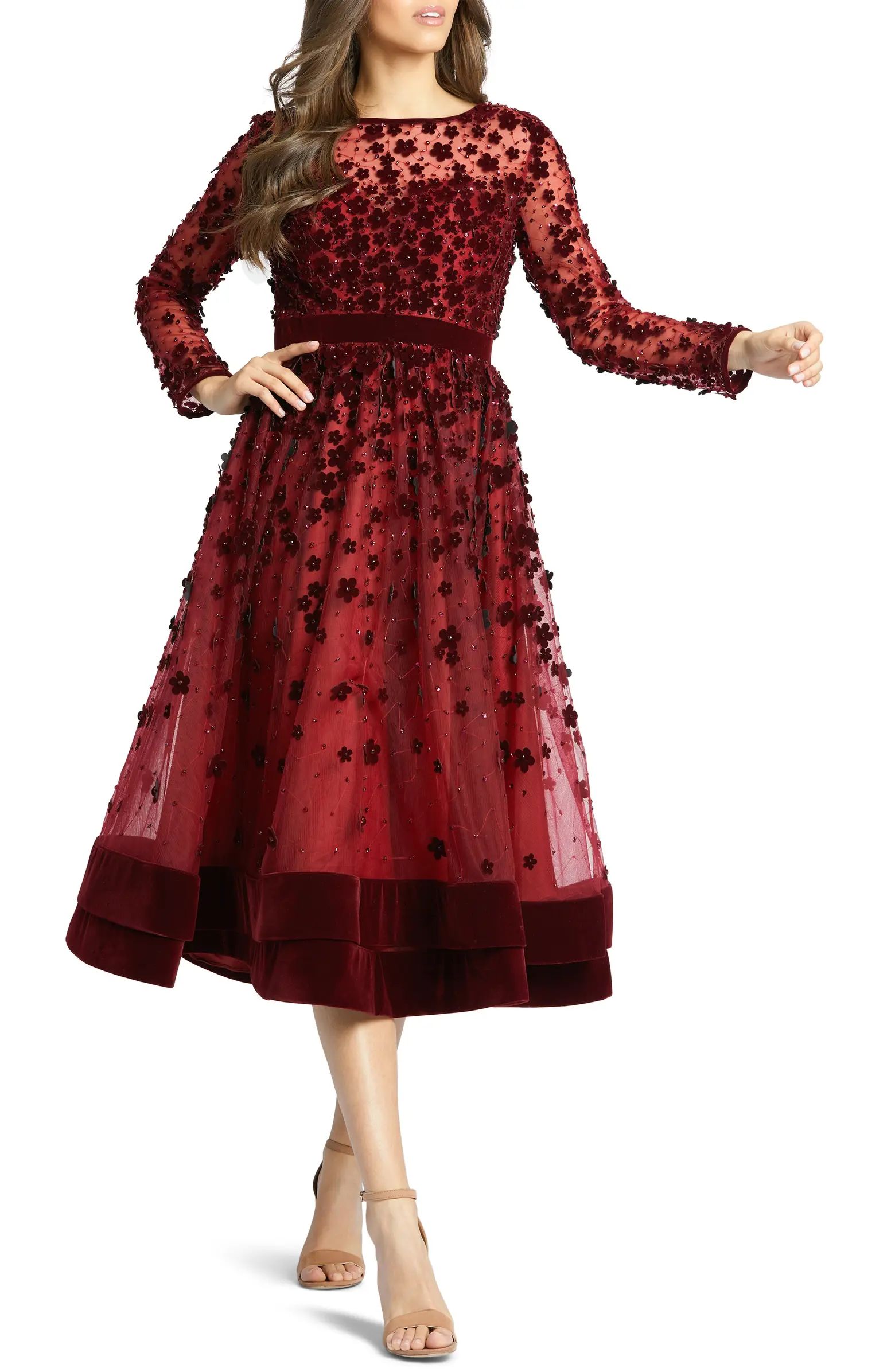Long Sleeve Fit & Flare Velvet Embellished Cocktail Dress | Nordstrom