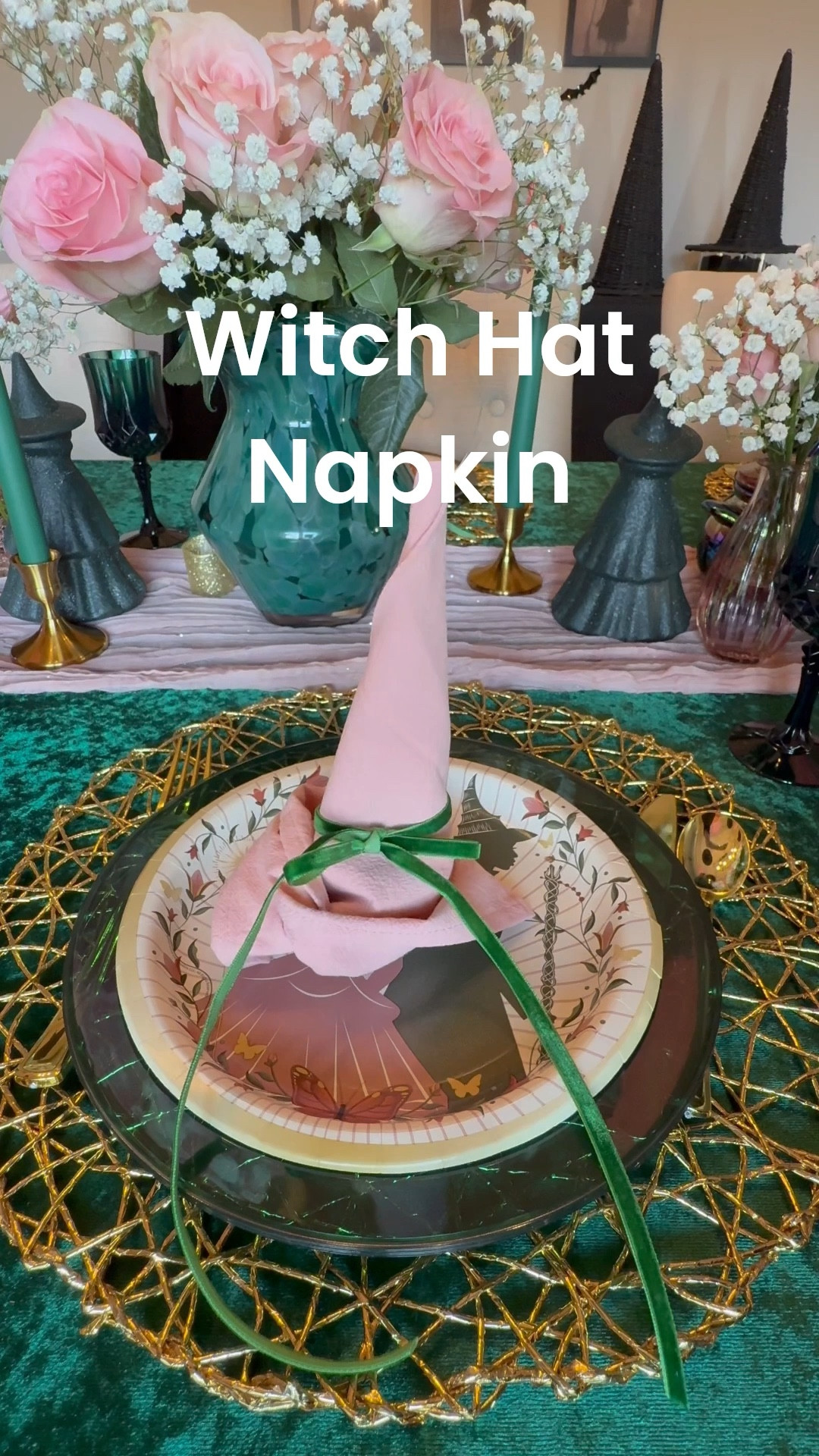 Witch Hat Napkin fold perfect for a witch themed party or even Wicked.  🩷💚

#wicked

#LTKParties #LTKHalloween #LTKSeasonal