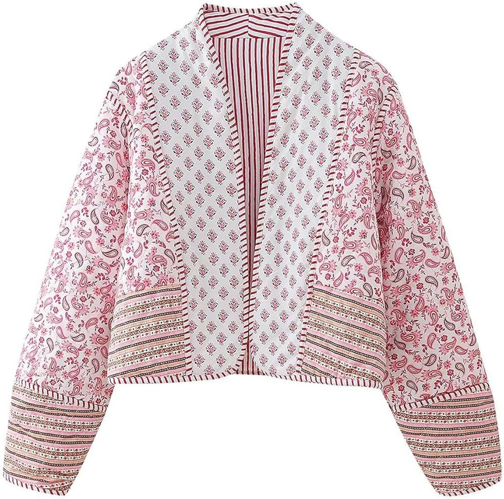 Wyeysyt Women's Cropped Puffer Jacket Lightweight Floral Print Long Sleeve Padded Quilted Puffy C... | Amazon (US)