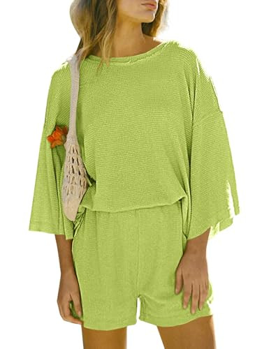 Tankaneo Womens Short Sets 2 Piece Outfits 3/4 Sleeve Tops and Elastic Waist Shorts Lounge Set Ca... | Amazon (US)