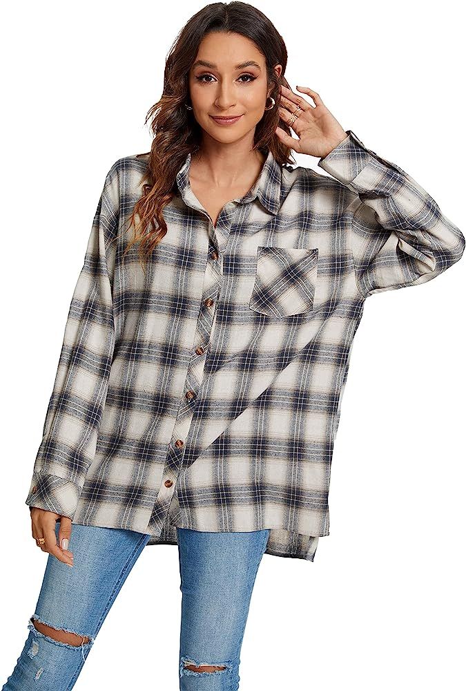 JLCNCUE Women's Classic Long Sleeve Shirt Street Fashion Flannel Plaid Shirt Oversized Tops Blous... | Amazon (US)