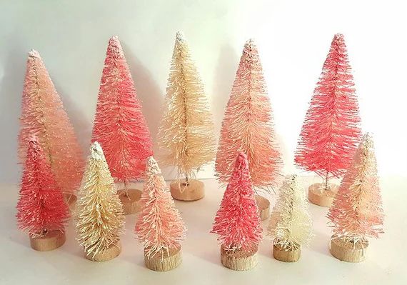 Lot of 11 Mini Miniature Custom RED PINK IVORY Snow Flocked Sisal Bottle Brush Trees Free Shippin... | Etsy (US)