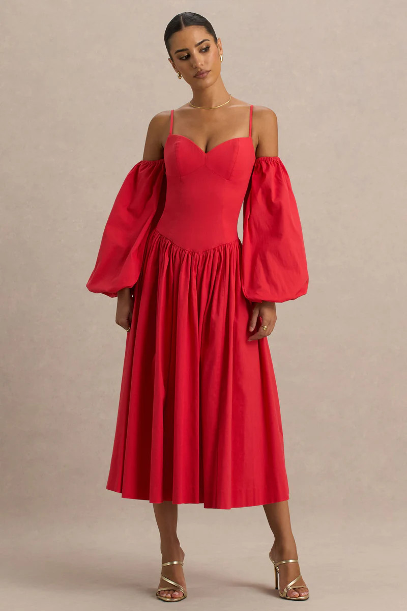 Macie  Red Sweetheart Midi Dress With Balloon Sleeves | Club L London
