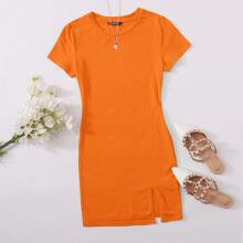 Neon Orange Split Hem T-Shirt Dress | SHEIN