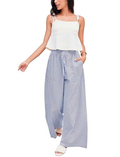 Yeokou Women's Wide Leg Pants Drawstring Striped Cotton Mid Rise Casual Long Palazzo Trousers with Pockets(Blue-XL) | Amazon (US)
