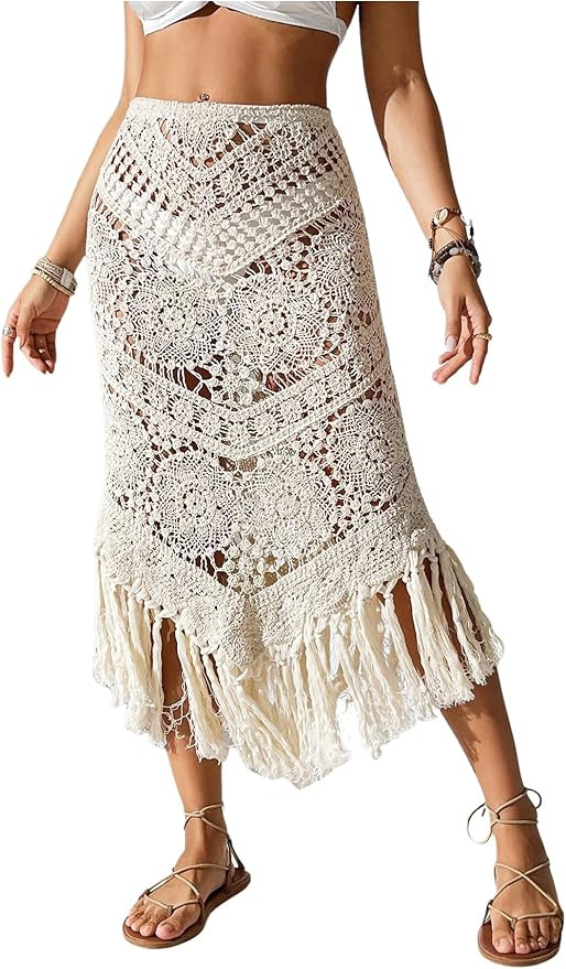 GORGLITTER Women's Crochet Beach Skirt Hollow Out Fringe High Waisted Bathing Suit Cover Up | Amazon (US)