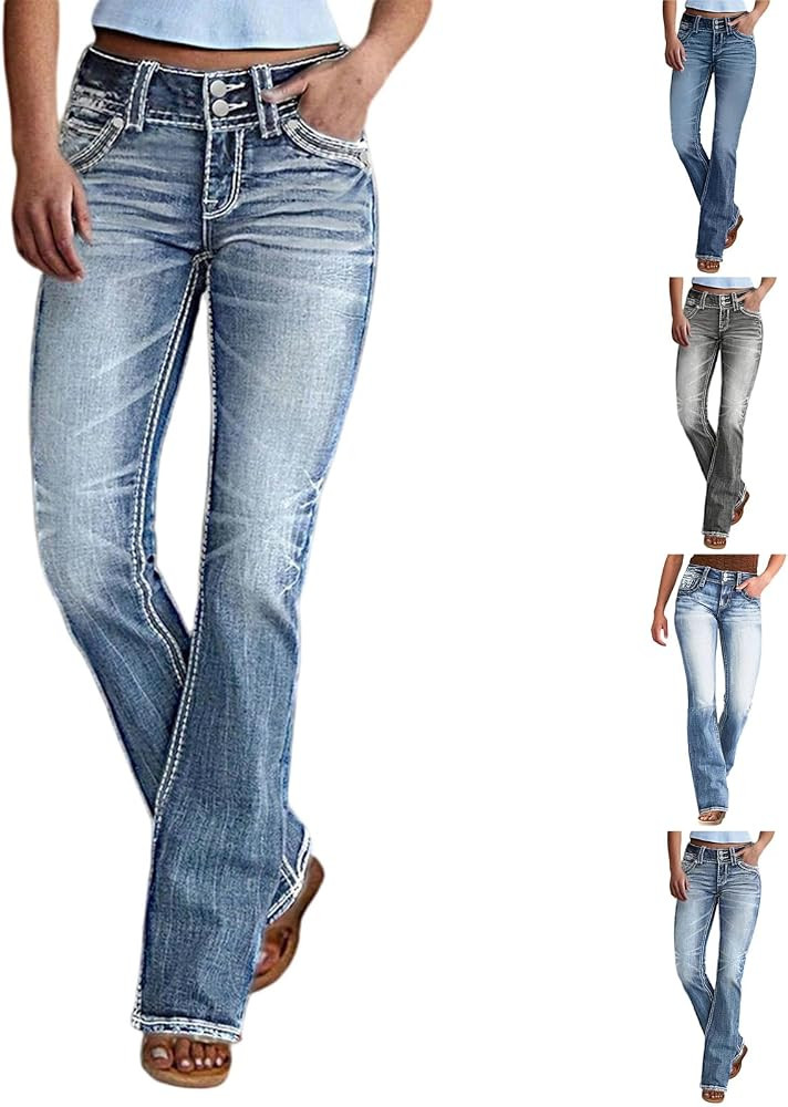 Bootcut Jeans for Women Stretchy Mid Rise Boyfriend Straight Leg Jeans Distressed Slim Fit Flare ... | Amazon (US)